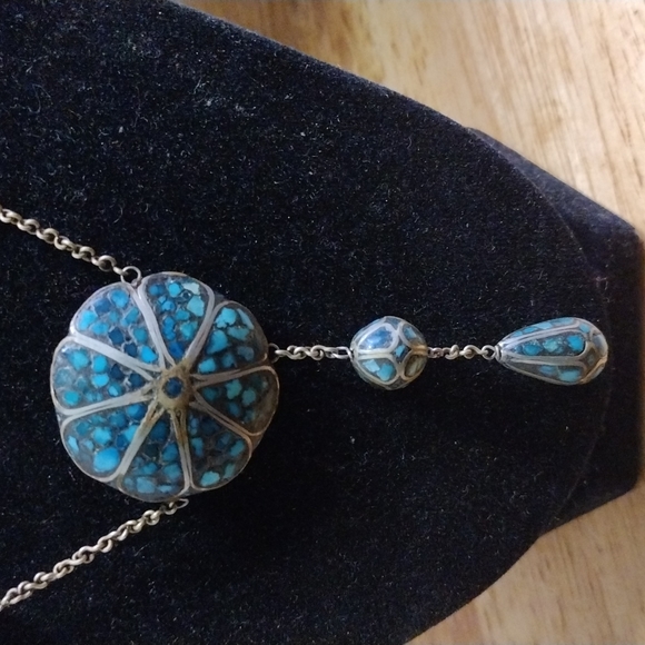 VINTAGE TURQUOISE MOSAIC INLAY  NECKLACE - Picture 2 of 8